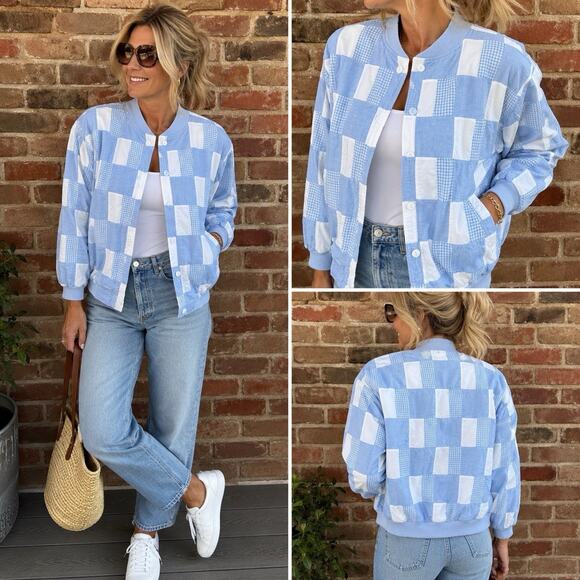 London Fog Jackets & Blazers - Vintage London Fog Patchwork Bomber Jacket M Blue Gingham Cotton Shoulder Pads